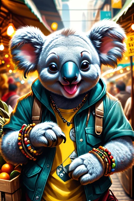 Detailed digital illustration of an anthro Koala (Winking playfully, cheeky expression) at a Underground market with encrypted currency transactions, <lora:xl_more_art-full_v1:0.5>, <lora:anthro_muscular:0.7>, <lora:MJ52:0.6>, <lora:madpunk:0.4> madpunk