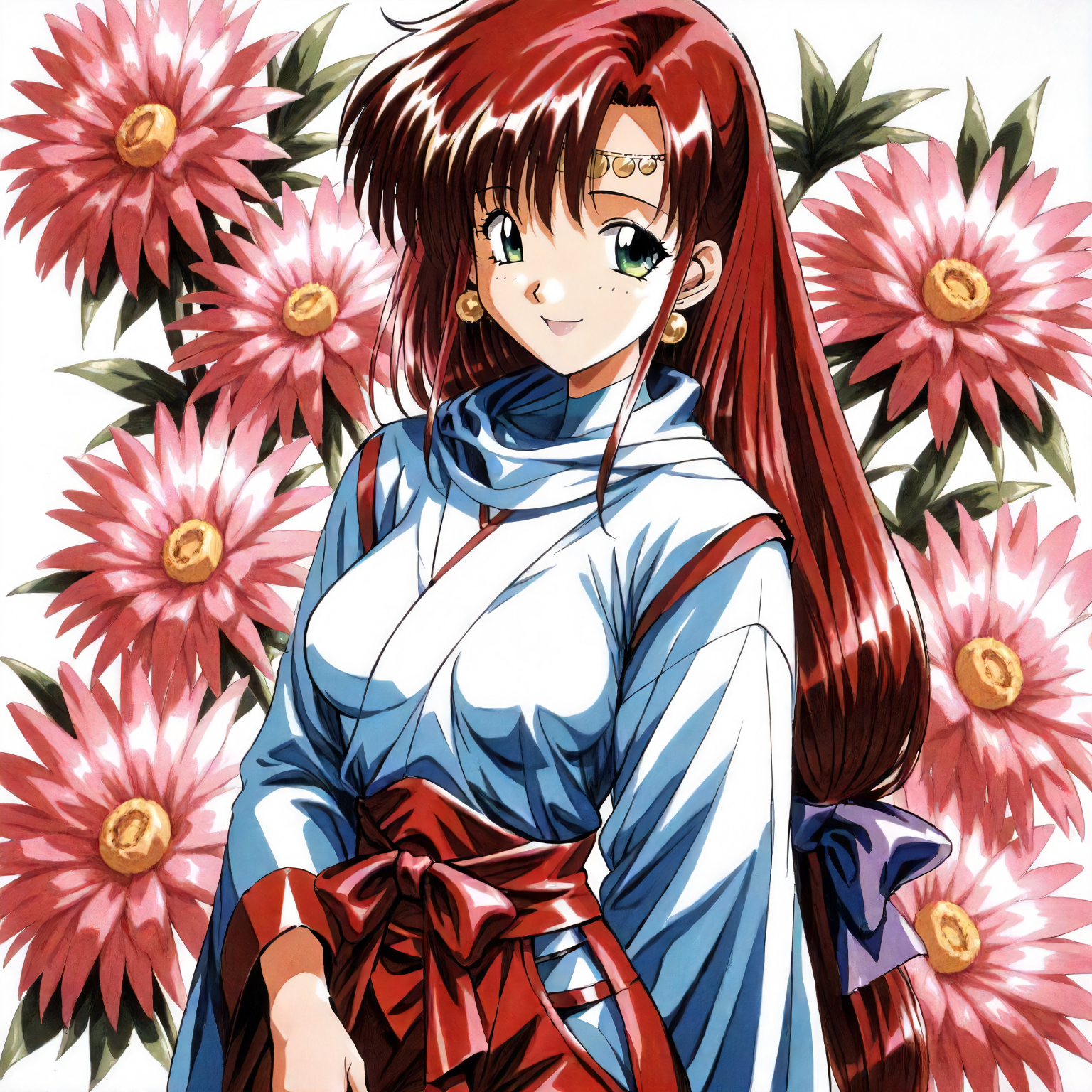 <lora:RC_elenoa_ranXLanimagine001>,
masterpiece,high score,great score,absurdres,
flower background,glitter,
smile,
looking at viewer,
solo,
anime coloring,retro artstyle,1990s (style),
elenoa_ran\(rance_series\),1girl,red hair,circlet,low-tied long hair,hair_bow,green eyes,earrings,
cowboy shot,standing,
miko,red hakama,
