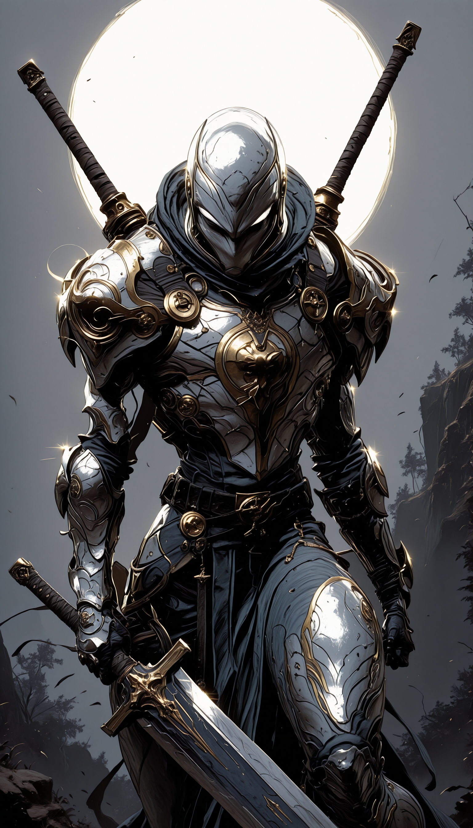 holding weapon, fighting stance, holding  buster sword,huge weapon,, WCG-Illu,, kaarea masterpiece, best quality, high quality, ultra-detailed, realistic,  traditional media, vivid_color, high contrast, speed lines, move_effects, action Create a detailed digital artwork of an armored figure, likely a superhero, set against a dark, smoky background. The armor is intricately designed with a combination of silver and gold hues, featuring ornate patterns and motifs. The helmet is sleek, with a white visor that obscures the eyes, adding an element of mystery. The figure's pose is assertive, with one arm extended forward, showcasing the armor's design. The overall style of the image leans towards a fantasy or historical theme, emphasizing the armored nature of the character. solo, looking_at_viewer, 1boy, standing, male_focus, grey_background, armor, helmet, shoulder_armor, gauntlets, pauldrons, breastplate, knight, full_armor,    holding weapon, fighting stance, holding  buster sword,huge weapon,, WCG-Illu,, kaarea