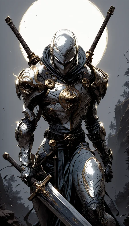 holding weapon, fighting stance, holding buster sword,huge weapon,, WCG-Illu,, kaarea masterpiece, best quality, high quality, ultra-detailed, realistic, traditional media, vivid_color, high contrast, speed lines, move_effects, action Create a detailed digital artwork of an armored figure, likely a superhero, set against a dark, smoky background. The armor is intricately designed with a combination of silver and gold hues, featuring ornate patterns and motifs. The helmet is sleek, with a white visor that obscures the eyes, adding an element of mystery. The figure's pose is assertive, with one arm extended forward, showcasing the armor's design. The overall style of the image leans towards a fantasy or historical theme, emphasizing the armored nature of the character. solo, looking_at_viewer, 1boy, standing, male_focus, grey_background, armor, helmet, shoulder_armor, gauntlets, pauldrons, breastplate, knight, full_armor, holding weapon, fighting stance, holding buster sword,huge weapon,, WCG-Illu,, kaarea