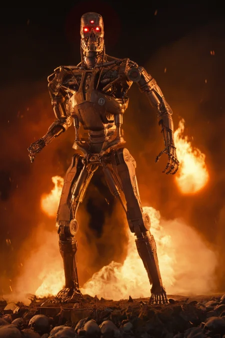 T800_Endo, Terminator robot, score_9, score_8_up, score_7_up, (source_IRL, source_movie), cinematic, realistic, masterpiece, high quality, highres RAW photo, ((full body shot))
a T800_Endo Terminator Robot with glowing red eyes, he is made of metal, <lora:T800_Endo_Terminator_Pony_v1-000019:1>
(standing in flames)
black background, in flames, fire, flames and fire everywhere, there is so much fire
dynamic lighting, highly detailed, intricate details