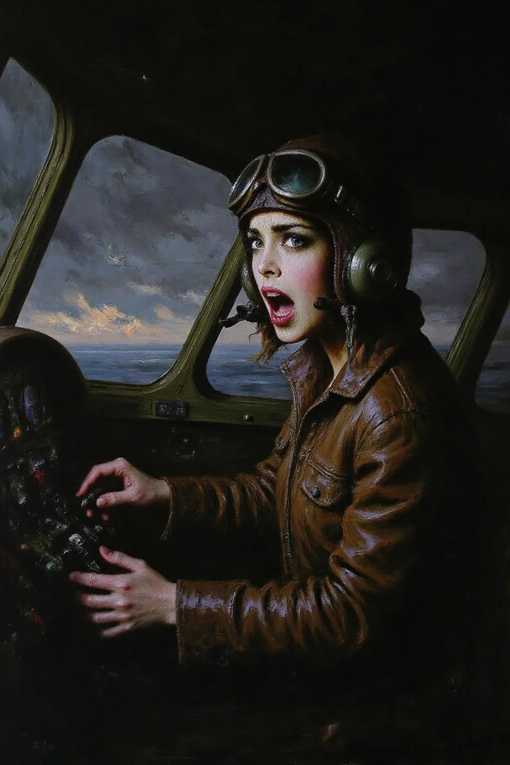 talo1 painting.
A female pilot screaming inside the cockpit of a World War II bomber. The pilot, wearing a vintage leather flight helmet with goggles and a bomber jacket, grips the controls with white-knuckled hands. Her face is contorted in a mix of fear and determination as she yells, her eyes wide with adrenaline. The cockpit is cramped and filled with old-fashioned dials and gauges, with the outside view showing dark stormy clouds and distant anti-aircraft fire <lora:talo1_cap_d6a3e15:1.0><lora:828775499812729622:0>