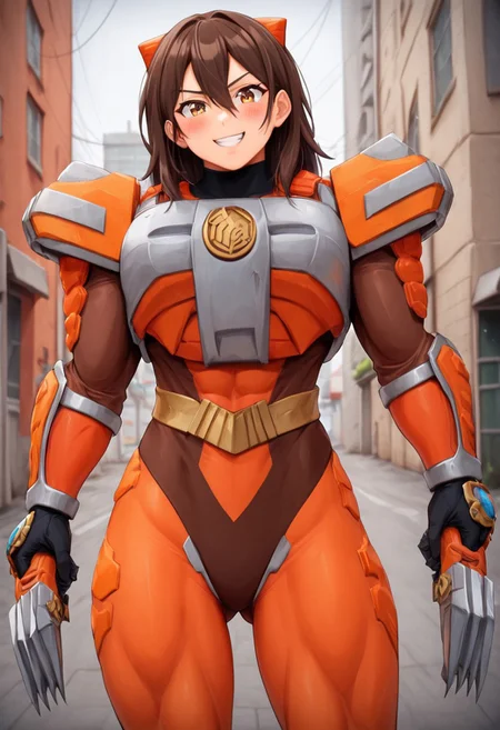 score_9, score_8_up, score_7_up, zPDXL, zPDXLpg, source_anime, <lora:offset_0.2:0.1>, <lora:spo_sdxl_10ep_4k-data_lora_webui:1>,
1girl, solo,
sazervisuel, orange bodysuit, brown leotard, belt, armor, gauntlets, black gloves, tight cloth ,claw \(weapon\)<lora:Sazer_Visuel:1>,
brown hair, brown eyes, hair between eyes, medium hair, hair behind ear,muscular_female_illust, muscular, muscular female, gigantic muscles,vaginal
Seductive smile, blush on face, holding weapon,facing viewer, ass visible through thighs, looking at viewer,
cowboy shot,
outdoors, city, street