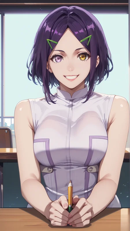 sjsartstyle, 2d, (zPDXL2), cowboy shot, dynamic shot, dynamic angle, webtoon, anime, (centered), masterpiece, 1girl, 1woman, sitting, solo, smiling, ((holding pencil)), table, Usukubo, short hair, hair ornament, bare shoulders, medium breasts, yellow right eye, white top, purple hair, sleeveless, hairclip, parted bangs, heterochromia, <lora:sd_xl_dpo_lora_v1:1>, <lora:OMG-Is-DucHaiten_v1.0:0.1>, <lora:sjsartstyle pony:1>, <lora:GoGoLoserRanger:0.8>