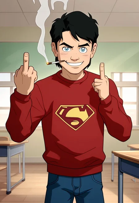 High Quality, Billy batson, small body, solo, 1boy, black hair, blue eyes, red tshirt, bluejeans, young, smoking marijuana, ecstasy face, classroom, raised eyebrow, mischievous smile, looking at viewer, giving middle finger,