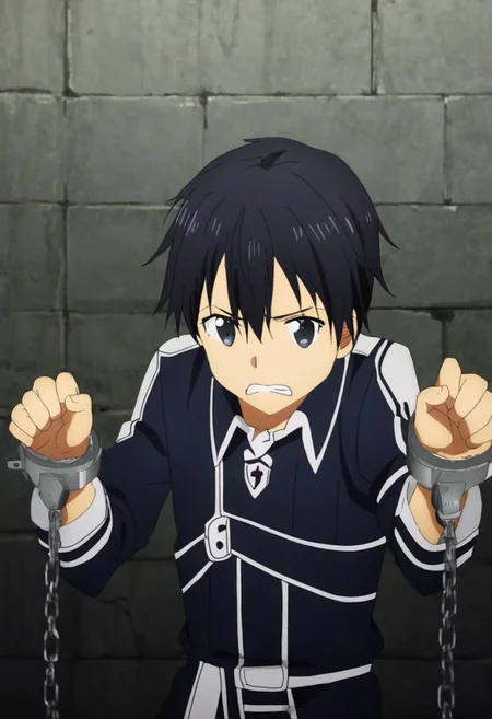 high resolution, solo, best quality, 1Boy, Kazuto Kirigaya, Black Hair, Black Eyes, arrested, restrained, struggling, handcuffs, interrogated, interrogation room, OverallDetail