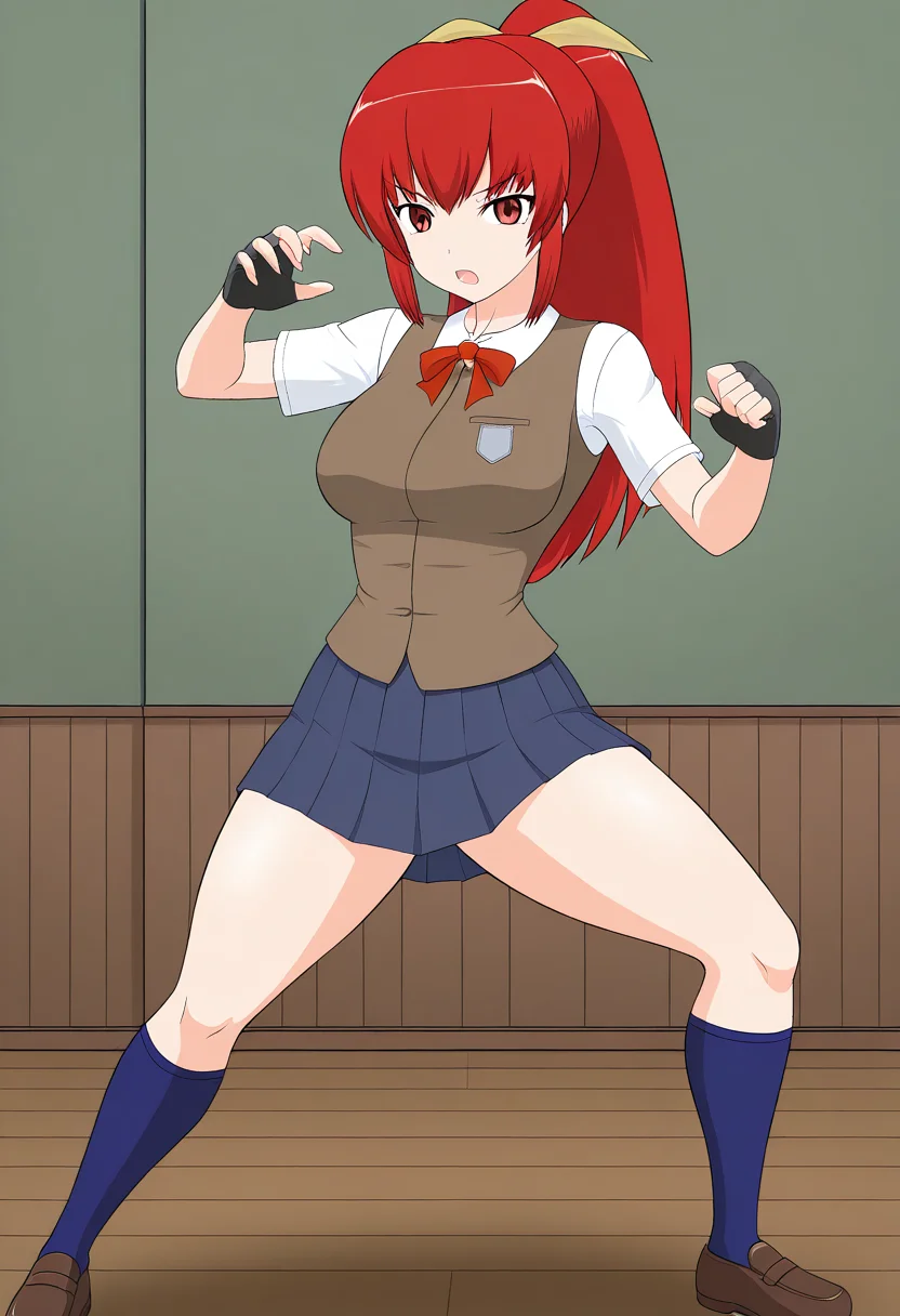1girl, solo, satsukirindorival, red hair, ponytail, hair ribbon, red eyes, shirt, short sleeves, vest, breasts, skirt, fingerless gloves, blue socks, shoes, school uniform, indoors, fighting stance, open mouth