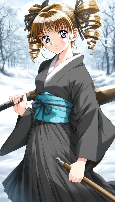 score_9, score_8_up, score_7_up, source_anime, rating_explicit, BREAK <lora:Yukiyanagi_Yuzu_XL:1> Yukiyanagi_Yuzu, drill hair, blue eyes, brown hair, blonde hair, hair ribbon, black ribbon, twin drills, small breasts,
1girl, bow (weapon), solo, weapon, japanese clothes, holding, skirt, long sleeves, snow, kimono, 1990s (style), retro artstyle, outdoors
smile,
looking at viewer,
cowboy_Shot,