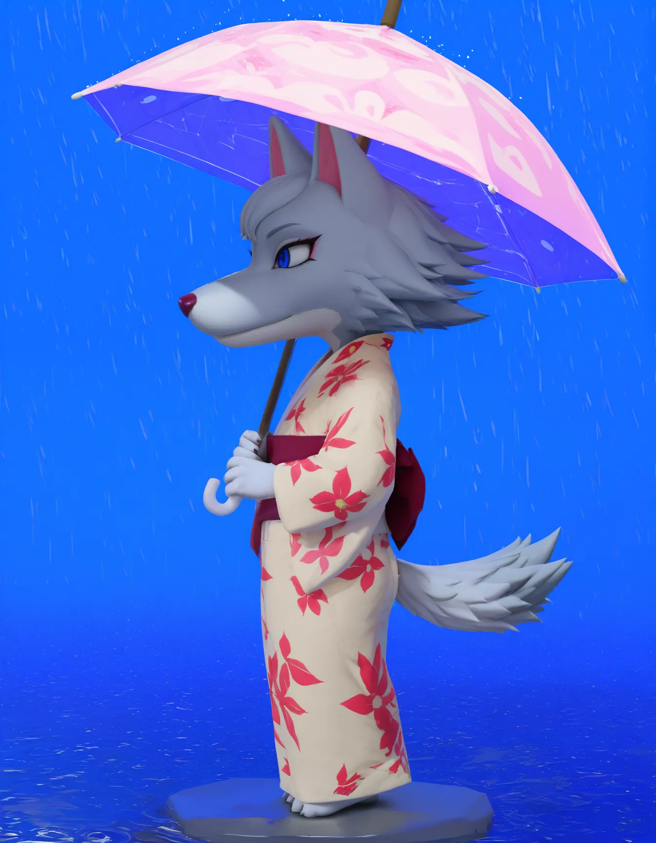 realistic, detailed, photo, detailed fur, realistic fur, detailed background, detailed, sharp lighting, beautiful lighting, detailed background, (masterwork, masterpiece, best quality, hyper-detailed, 8k uhd), newest, vivid color, saturated, anthro, furry, BREAK, whitneyc, wolf, white fur, flat chest, 1girl, female, solo, blue eyes, maroon nose, tail, cartoon, standing, flat color, countershading, white accents, holding umbrella, light yellow kimono, red flower design, outdoors, raining, rain, smile, from side, looking to side, facing side, tail up, puddles, blue background, shade, full body, figure, 3d,
<lora:Whitney_v2Noob3s96:1> <lora:noobai_ep11_stabilizer_v0.138_fp16:0.8>