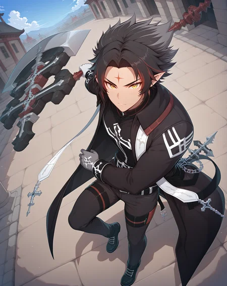 masterpiece, best quality, absurdres, very aesthetic,
1boy, solo, yaoi, male focus,
full body, dutch angle, from above, looking at viewer, close-up,
<lora:Ryan_Werewolf:1> ryanwerewolf, black hair, multicolored hair, pointy ears, facial mark, red hair, two-tone hair, streaked hair, forehead mark, yellow eyes,
white gloves, black pants, holding weapon, black coat, belt, black footwear, shoes, shirt, chain, long sleeves, grey gloves, cross,
holding axe, holding weapon, axe,
outdoors, day, blue sky,