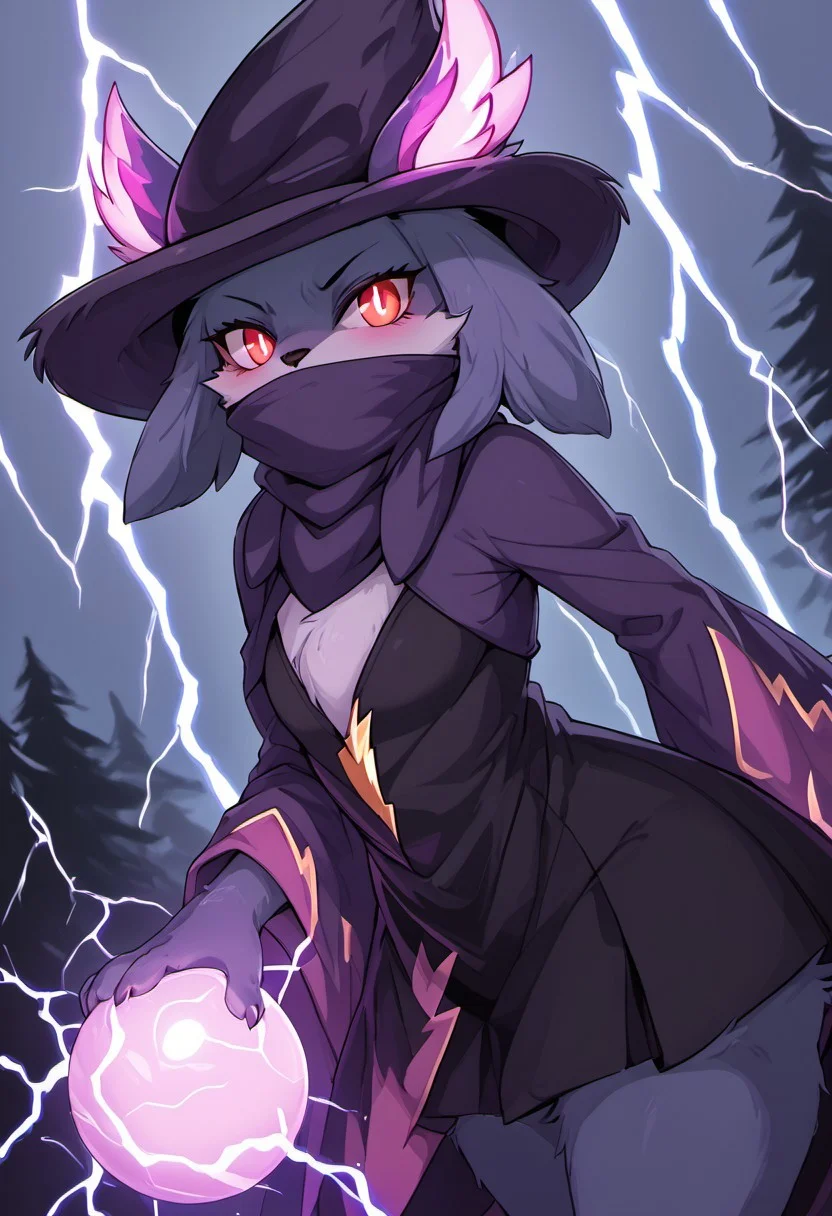 (realistic style) (Vignette ),(Night:1.3),(dramatic photo :1.3), (Ripple effect :1.3),(moving effect:1.3), (Fluff textures :1.3),(Dark color palette:1.3), (Low key lighting:1.3), (character partially obscured:1.3), (Dutch angle:1.3), Subject separation, depth of field(Distant shot)(Landscape view:1.3)(Katress from palworld furry female, blue fur, red eyes, nose blush, covered mouth, purple hat, purple scarf, black shirt, black skirt,(glowing purple lightning powers inside all her body:1.7)glowing purple hands,holding glowing thunder ball, glowing purple eyes,