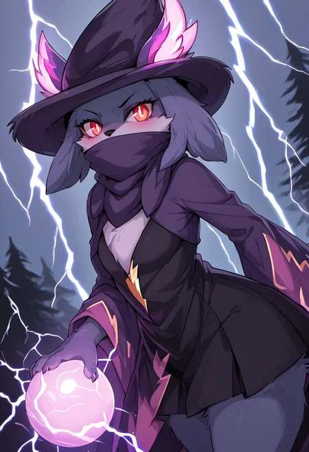 (realistic style) (Vignette ),(Night:1.3),(dramatic photo :1.3), (Ripple effect :1.3),(moving effect:1.3), (Fluff textures :1.3),(Dark color palette:1.3), (Low key lighting:1.3), (character partially obscured:1.3), (Dutch angle:1.3), Subject separation, depth of field(Distant shot)(Landscape view:1.3)(Katress from palworld furry female, blue fur, red eyes, nose blush, covered mouth, purple hat, purple scarf, black shirt, black skirt,(glowing purple lightning powers inside all her body:1.7)glowing purple hands,holding glowing thunder ball, glowing purple eyes,