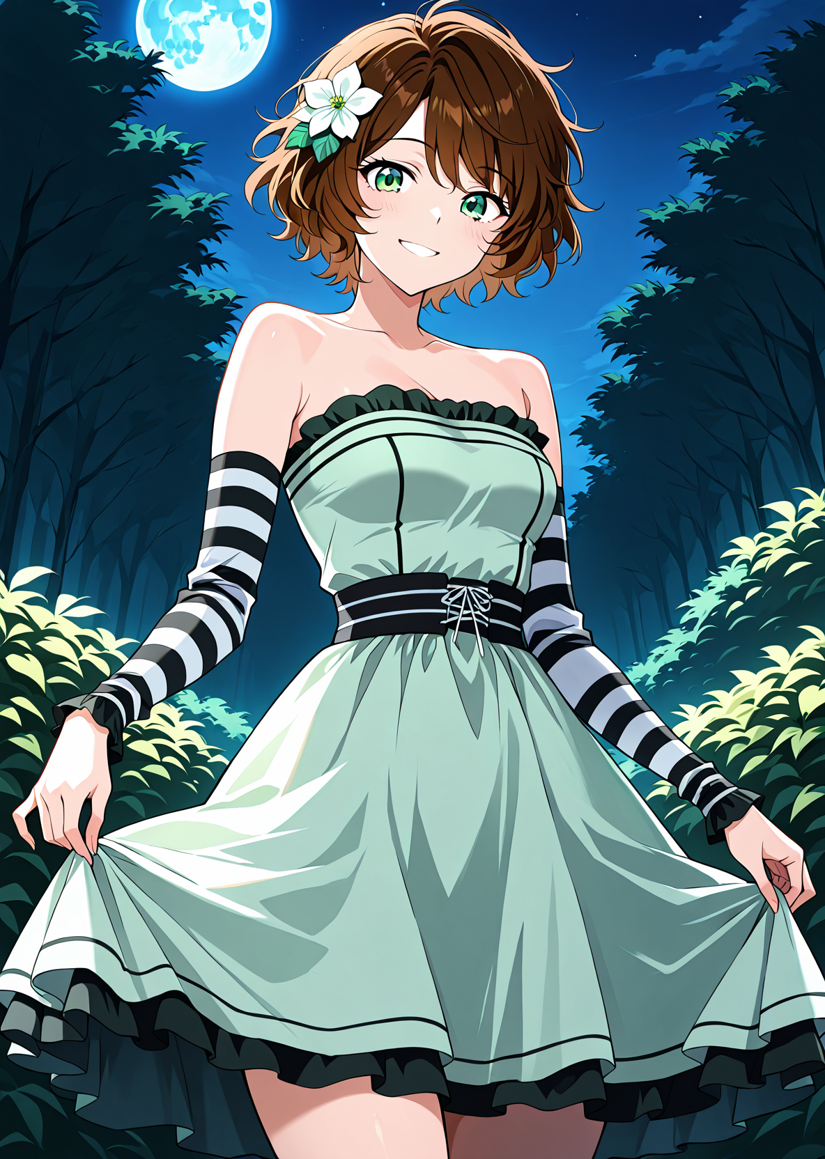 <lora:Caria_Rede__The_Beginning_After_the_End___Illustrious:1>
1 girl, solo, short hair, messy hair, wavy brown hair, green eyes, athletic body, 
flower hair accessory, elegant mint green strapless dress with black and white layered accents, striped black and white detached sleeves
score_9, score_8_up, score_7_up, source anime, BREAK, cowboy shot, Masterpiece,(perfect female body:1.2), small waist, (incredibly detailed:1.4), slim, beautiful fingers, beautiful skin, looking at viewer, breasts, skirt hold, long sleeves, smile, garden backgroun, exterior, background, looking at viewer, night, blue moon