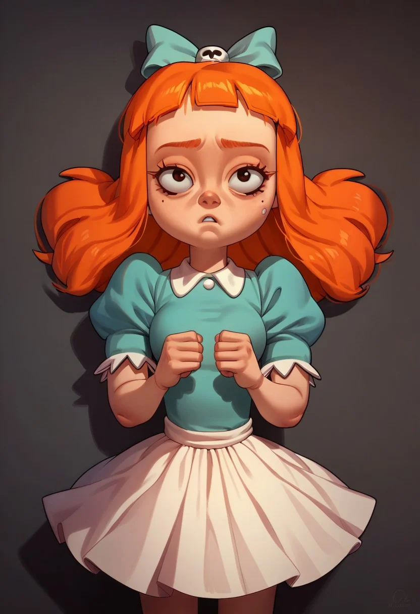 score_9, score_8, score_7, break, 1girl, solo, source_cartoon, elmyra_tta, orange hair, hair bow, puffy sleeves, skirt, looking at viewer, stud10,