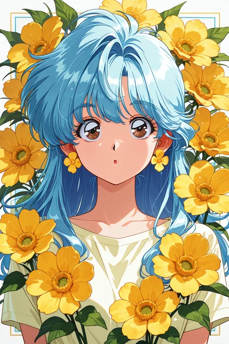 1girl,solo,blue hair,flower,brown eyes,looking at viewer,earrings,jewelry,long hair,bangs,yellow flower,flower earrings,:o,shirt,retro artstyle,
<lora:hrn_yc_illustriousXL:0.8>,