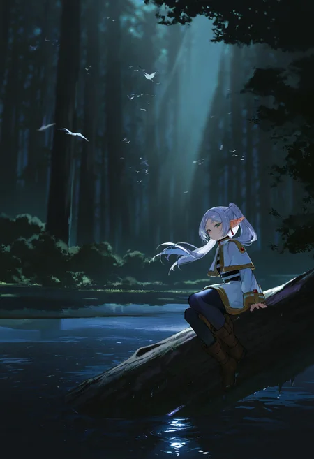 artist:[quasarcake|diyokama|fuzichoco|yoneyama mai|lam \(ramdayo\)|lifeline \(a384079959\)],
1girl, frieren, solo, green eyes, outdoors, elf, tree, long hair, white capelet, twintails, pointy ears, pantyhose, colored eyelashes, looking at viewer, lake, water, wet, floating hair, bird, nature, scenery,
tree shade, dappled sunlight, sitting in the dark shade of a tree, dark, high contrast, light beam, 
close-up,
masterpiece, best quality, very awa, absurdres,
<lora:noobai_vpred_1_aesthetic_quality_modifiers_complete_v2:1>