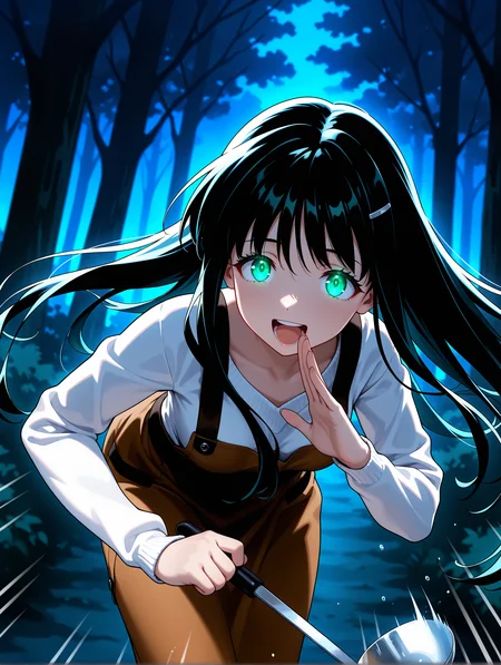 masterpiece,best quality,newest,
1girl,solo,
<lora:k_sayori_ilxl_v1.0:1>,k_sayori,hairclip,black hair,very long hair,green eyes,s_clothes,white sweater,brown dress,
holding ladle,<lora:Fixhands_anime_bdsqlsz_V1:1>,dynamic_angle,cinematic_angle,glowing eyes,fighting_stance,fighting,night,darkness,(motion_blur:1.3),(motion line:1.2),(speed_lines:1.1),fighting_stance,aura effect,dark cloud,leaning_forward,running,pov,looking_at_viewer,front view,open mouth,laughing,bent over,looking ahead,thundercloud,forest,