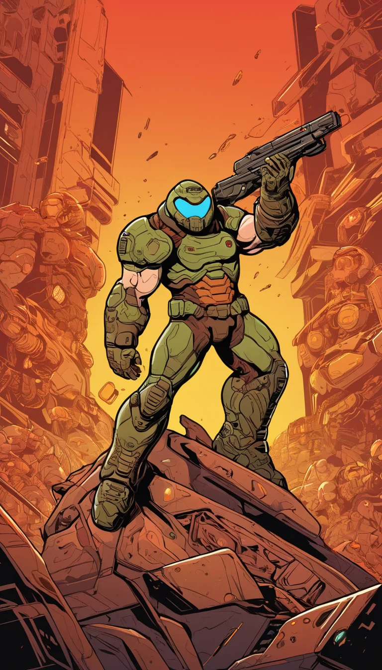 Cinematic scene, hero view, Doomguy, action pose, detailed background, masterpiece, best quality, high quality, highres, absurdres <lora:doomguy_xl_v1:1>, Vector art, Vivid colors, Clean lines, Sharp edges, Minimalist, Precise geometry, Simplistic, Smooth curves, Bold outlines, Crisp shapes, Flat colors, Illustration art piece, High contrast shadows, Technical illustration, Graphic design, Vector graphics, High contrast, Precision artwork, Linear compositions, Scalable artwork, Digital art