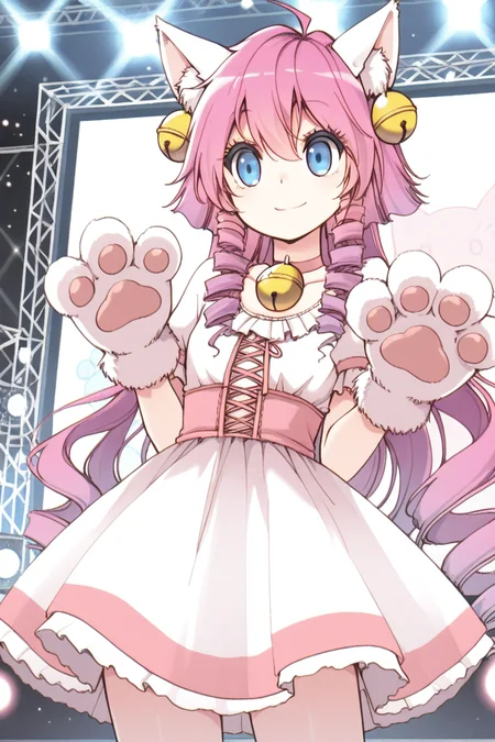 masterpiece, best quality, amazing quality,
 <lora:CrzNghbr_IL:1> crznghbr, animal ears, 1girl, pink hair, animal hands, bell, cat ears, long hair, gloves, drill hair, solo, paw gloves, smile, blue eyes, stage, dress, neck bell