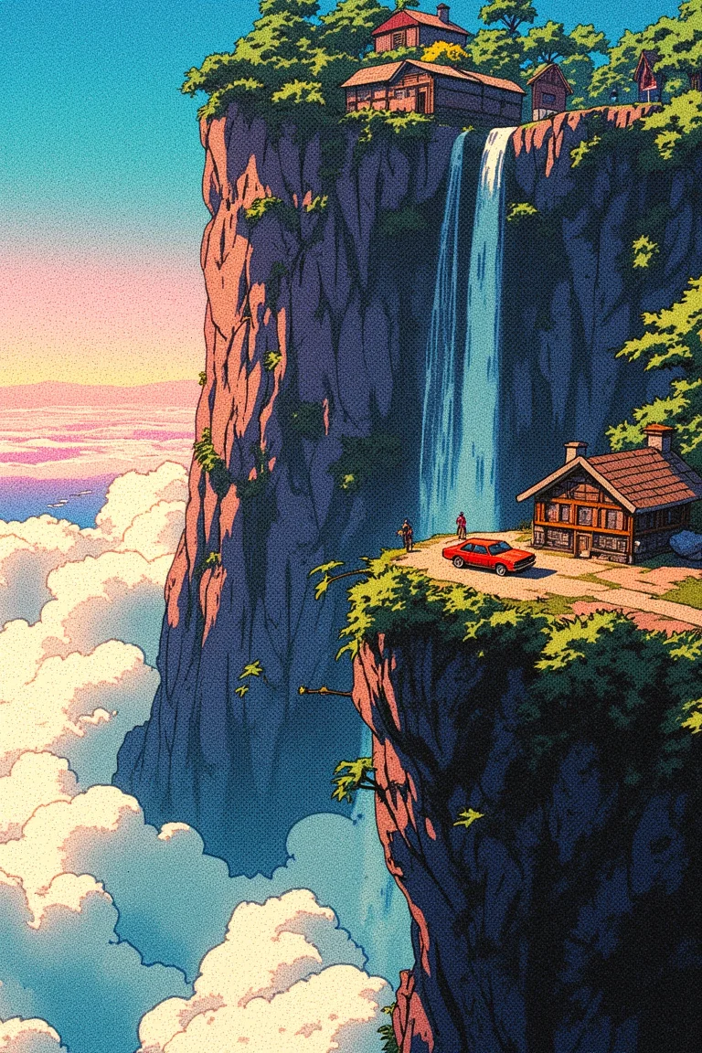 A retro anime of fantastical depiction of a towering cliff that rises above a sea of fluffy white clouds. The cliff is adorned with lush greenery, including trees and shrubs, and cascades down its side, creating a waterfall effect. Atop the cliff, there are quaint wooden houses with thatched roofs, nestled among the greenery. A solitary car is parked on the cliff's edge, and a person stands nearby, seemingly enjoying the view. The sky above is painted in a gradient of soft blues and pinks, the image tinted by color of sunset. The overall style of reminiscent of anime or manga art, characterized by its detailed and lifelike representation.