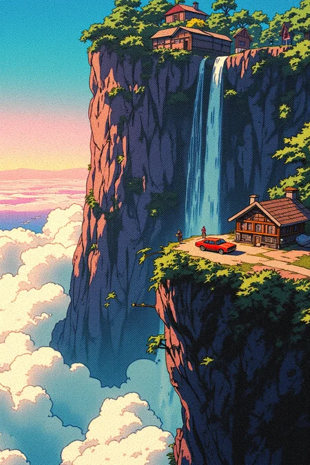 A retro anime of fantastical depiction of a towering cliff that rises above a sea of fluffy white clouds. The cliff is adorned with lush greenery, including trees and shrubs, and cascades down its side, creating a waterfall effect. Atop the cliff, there are quaint wooden houses with thatched roofs, nestled among the greenery. A solitary car is parked on the cliff's edge, and a person stands nearby, seemingly enjoying the view. The sky above is painted in a gradient of soft blues and pinks, the image tinted by color of sunset. The overall style of reminiscent of anime or manga art, characterized by its detailed and lifelike representation.