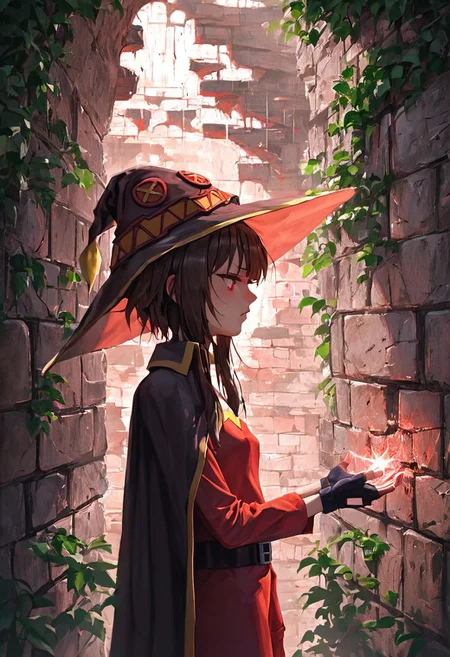 score_9, score_8_up, score_7_up, ((masterpiece)), ((best quality)), 8k, high detailed, ultra-detailed, (((anime))), SFW, 1girl, perfect eyes, cinematic lights, 50mm photographic, very hand detailed, red sparkles, red particles on character corner, ((Megumin)), short hair, sidelocks, brown hair, red eyes, small breasts, fingerless gloves, bandaged leg, black gloves, witch hat, black belt, red dress, short dress, asymmetrical legwear, black collar, black cloak, black hat, black thighhighs, angry, ((preparing a spell with character hands)), ((magic spell on hands)), magic, fire sparkle, wind slashes, side conjuring a spell, ((side view)), ((explosion effects)), sparks, light rays, dramatic lighting
BREAK,
medieval background, wall wooden door, wall of rocks, centinel, green bushes, ancient castle in ruins, stone walls covered in vines, broken windows,
