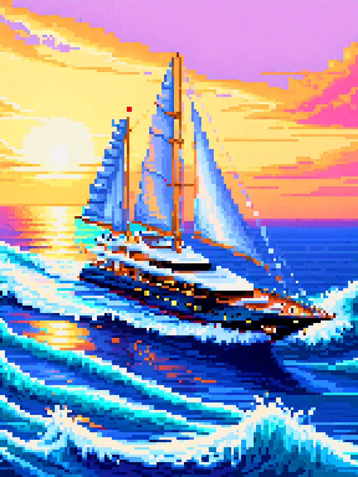 pixel art,  A mesmerizing drawing of a sleek, yamer_pixel_fusion, opulent yacht gracefully gliding through cerulean waves, adorned with glistening chrome accents, billowing sails catching the golden sunset, and a luxurious deck hosting jubilant passengers basking in splendor, <lora:Pixel_Fusion_LORA:1>