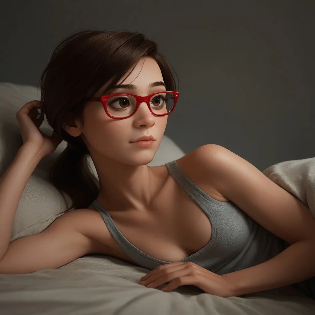 score_9, score_8_up, score_7_up, score_6_up, score_5_up, score_4_up, 1girl, Ji_llA, red framed eyewear, ponytail, portrait, small saggy breasts, older woman, laying on side, portrait, cleavage, sexy pose, content look,