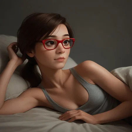 score_9, score_8_up, score_7_up, score_6_up, score_5_up, score_4_up, 1girl, Ji_llA, red framed eyewear, ponytail, portrait, small saggy breasts, older woman, laying on side, portrait, cleavage, sexy pose, content look,
