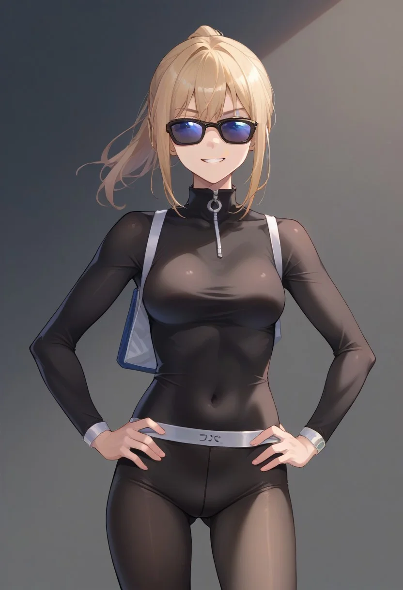 score_9, score_8_up, score_7_up, source_anime, BREAK, standing, hands on hips, cowboy shot, ponytail, blonde hair, blue eyes, turtleneck bodysuit, pantyhose, sunglasses, smirk