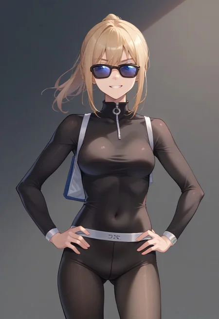 score_9, score_8_up, score_7_up, source_anime, BREAK, standing, hands on hips, cowboy shot, ponytail, blonde hair, blue eyes, turtleneck bodysuit, pantyhose, sunglasses, smirk
