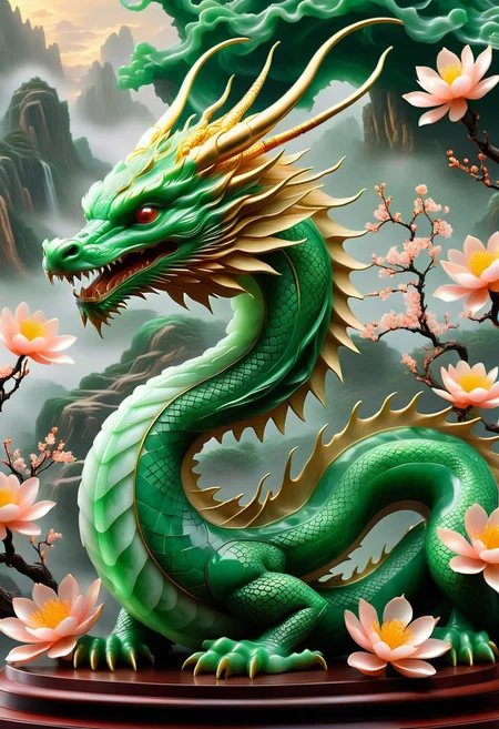 eastern dragon, jade Sculpture,(jade:1.1),mitsu_masaya, gold line, photorealistic, dragon, Ambience light, masterpiece, ultra-high quality,(peach_blossom:0.6),flower blossom background, fog, realistic, cinematic light, score_9, score_8_up, score_7_up,desk, best quality, high quality, 4k quality, ImgFixerPre0.3, fflix_impphoto, made out of, jade,