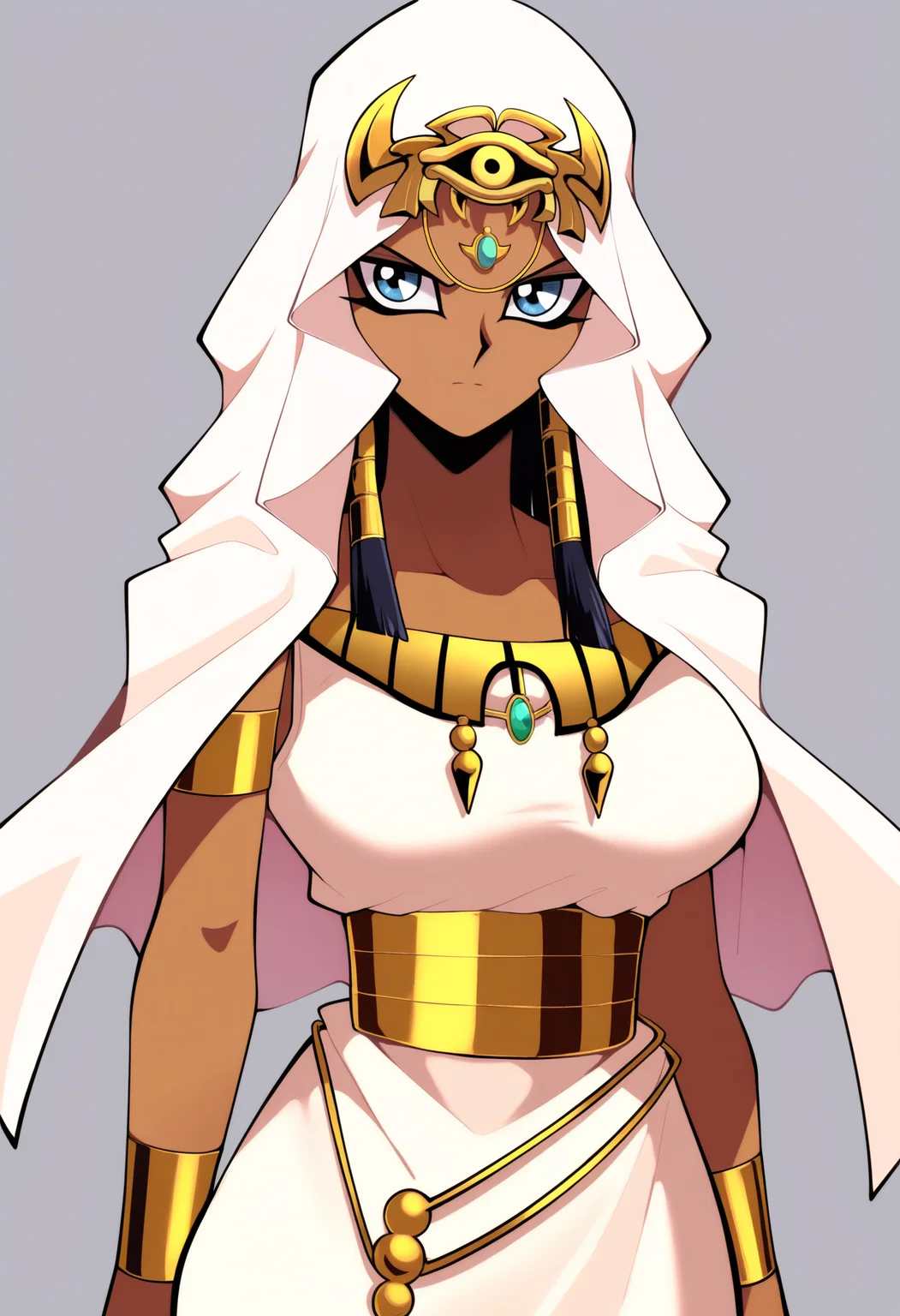 masterpiece, best quality, very aesthetic, absurdres,
1girl, ishizu ishtar, blue eyes, dark skin,
veil, eye of horus,
dress,
upper body, looking at viewer, solo, simple background, white background,  <lora:IshizuIshtarNoobXL_byKonan:1>