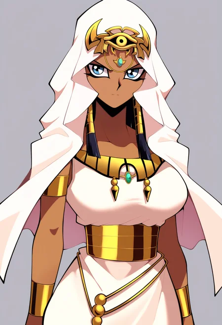 masterpiece, best quality, very aesthetic, absurdres,
1girl, ishizu ishtar, blue eyes, dark skin,
veil, eye of horus,
dress,
upper body, looking at viewer, solo, simple background, white background, <lora:IshizuIshtarNoobXL_byKonan:1>