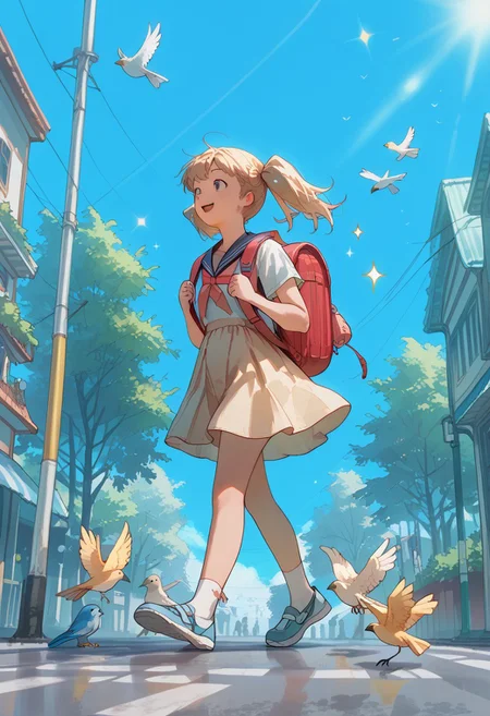 score_9, score_8_up, score_7_up, masterpiece, best quality, newest, absurdres, highres, safe, 1girl, solo, petite, twintails, serafuku, backpack, blue sky, walking, Japanese street, happy, sparkle, sunlight, bird, full body, white outline