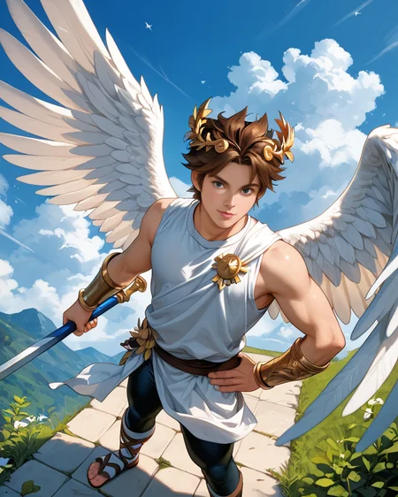 score_9, score_8_up, score_7_up, , <lora:Expressive_H:1>, ((handsome man:1.5, light skin)), cosplay, from above, holding the weapon,
cowboy shot, (male focus), 1boy, solo, kid_icarus, icarus, icarus clothing, sky, hand on hip, tunic, bodysuit, boots, sandal, large wings, angel wings, folded wings, black bike shorts, bracer, brown hair, laurel crown, <lora:Kid_Icarus:1>