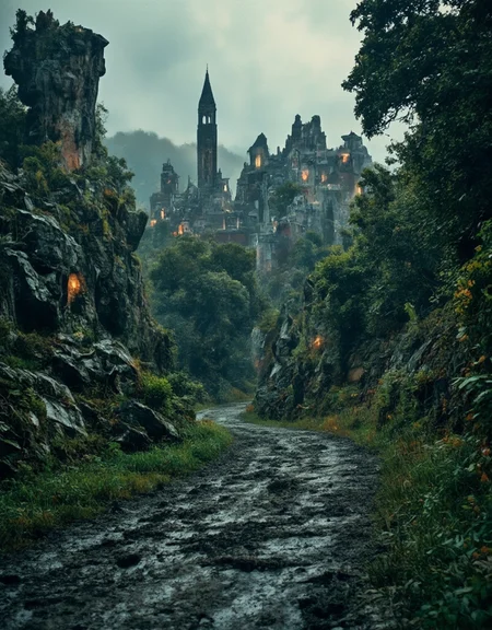 <lora:City_Worlds_01_v1_Roads_flux:1> realistic photo of citybkg, clouds, ambiance, detailed, futuristic, vegetation, ambiance, evening, clouds, very detailed, illuminated, mist, from tail, vegetation, big rocks, sinuous road, very narrow, in the forest, wet dirty muddy road, lots of wet mud with grass, creepy, depth of field, very old trees, roots, broken abandonned graveyard,