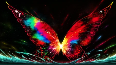 masterpiece, best quality, no humans, abstract, abstract background, colorful, colorful palette, red theme, glowing, single butterfly, (huge butterfly:1.5), red butterfly, red aura, energy, water, nebula, dark theme, horror \(theme\)