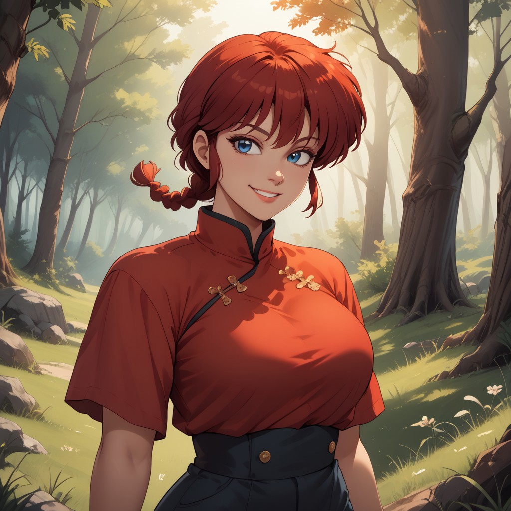 score_9, score_8, BREAK, ranma-chan,1990s style,retro artstyle,red hair,medium hair,single braid,braided ponytail,blue eyes,eyeliner,large breasts,narrow waist,short stature,chinese clothes,red shirt,black pants,black wristband, sexy pose, self portrait, smile, outdoors, sunlight, shadows, evening lighting, natural lighting, forest, trees, grass, orange sky, sunset