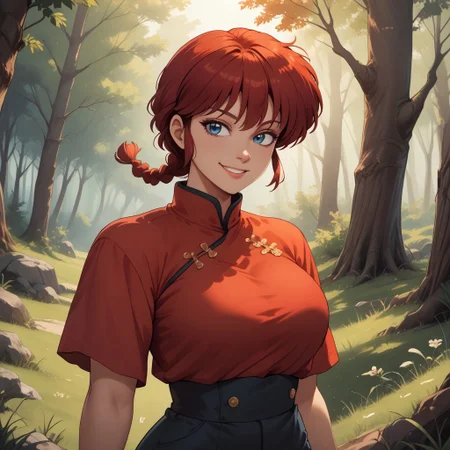 score_9, score_8, BREAK, ranma-chan,1990s style,retro artstyle,red hair,medium hair,single braid,braided ponytail,blue eyes,eyeliner,large breasts,narrow waist,short stature,chinese clothes,red shirt,black pants,black wristband, sexy pose, self portrait, smile, outdoors, sunlight, shadows, evening lighting, natural lighting, forest, trees, grass, orange sky, sunset