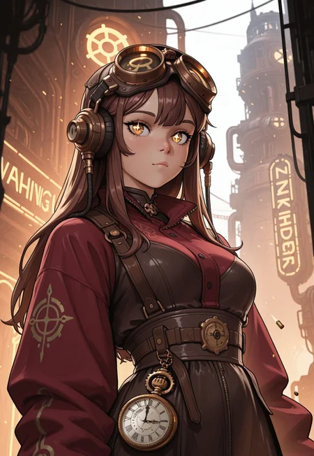 score_9, score_8_up, score_7_up, 1girl, solo, steampunk inventor, Victorian-style dress with brass gears and mechanical accents, intricate pocket watch with a polished brass casing and delicate engravings, long wavy brown hair adorned with goggles, realistic, cinematic angle, cinematic lighting, slender body, curious face, sparkling hazel eyes, tinkering pose
BREAK
working in a cluttered workshop filled with gadgets
BREAK
source_steampunk_art, rating_explicit, expressive, full body, dynamic pose
BREAK
detailed beautiful background, cluttered workshop with shelves full of mechanical parts and tools, steam-powered machines and glowing lanterns, scattered blueprints and diagrams, distant cityscape with smokestacks and airships, innovative atmosphere with a sense of creativity and discovery
<lora:Expressive_H:0.6>Expressiveh, (SimplepositiveXLv1:1.3), (upper body, full clothed:1.85) ((masterpiece)) (ultra realistic, 32k, masterpiece:1.2), (high detailed skin:1.1), (high quality:1.1) (((full clothed))) <lora:DandonFuga_Style_v.2_-_Pony:0.8> 
<lora:add-detail-xl:1> 
<lora:Dynamic Poses:1>