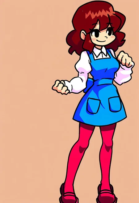 1girl, solo, smiling, (brown-pantyhose, white-collared-shirt, long-puffy-sleeves, blue-short-apron, blue-pinafore-dress, waist-tie:1.3), pink-wavy-pigtail-hair, (breasts, slim, curvy)