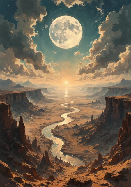 A breathtaking aerial panorama of a surreal silken oasis, expansive desert merging with crystalline plateaus under a vast celestial dome. Intricate sand dunes, winding river channels, and hidden urban outlines blend into a harmonious landscape. Dramatic, atmospheric lighting casts long shadows over ancient terracotta canyons and shimmering, iridescent water bodies. Subtle hues of amber, teal, and soft lavender evoke a dreamlike quality, while intricate textures and fine details create an 8k masterpiece quality. Elevated bird's-eye view, cinematic composition, advanced digital quality, and ethereal ambiance combine to form a dynamic, immersive scene of natural and man-made wonders. <lora:ck-charcoal-drawing-000014:0.2> <lora:Ganin_II:0.4> <lora:FLUX-daubrez-DB4RZ:0.3> <lora:Mezzotint_Artstyle_for_Flux_-_by_Ethanar:0.6> <lora:Fluxartis 28.11A:0.6> <lora:flux_dev:1>
