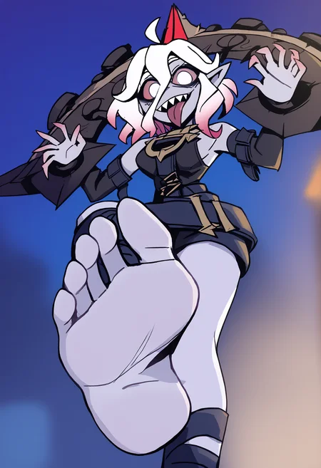 score_9, score_8_up, BREAK,
1girl, briar, white eyes, colored sclera, white hair, gradient hair, short hair, hair between eyes, ahoge, pointy ears, sharp teeth, grey skin,
tongue out, open mouth, horny, bare shoulders, detached sleeves,
footstomp, barefoot, feet, foot focus, soles, toes, foreshortening, view from below,
looking at viewer, outdoors, night sky, night, <lora:BriarXL:1> <lora:VanripArtXLLocon:1> <lora:StompXL:1>
