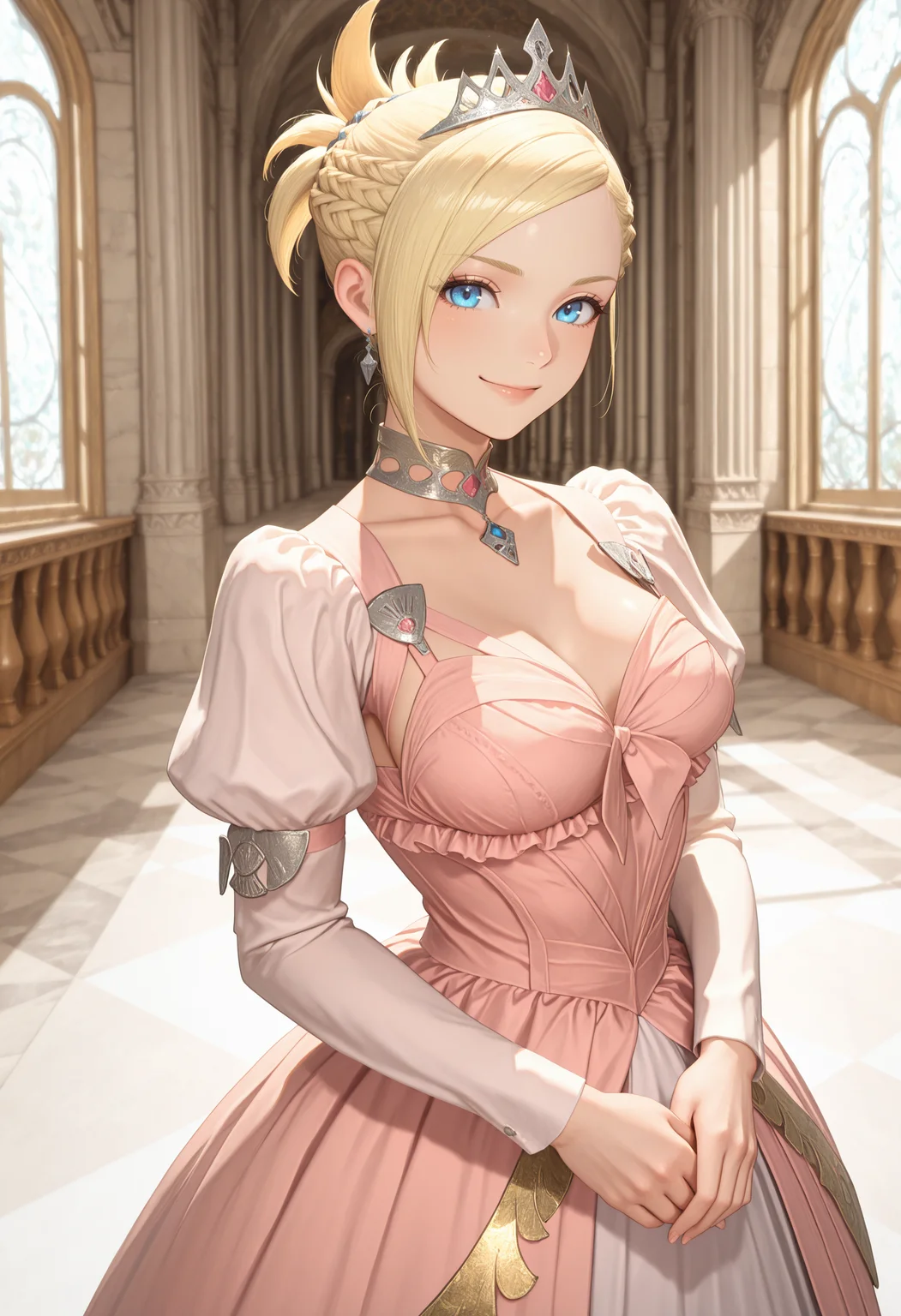masterpiece, best quality, absurdres, highres, newest,<lora:cfg_scale_boost:.7> ,
1girl, solo, looking at viewer, smile, princess, jewelry, tiara, 
indoors, ballroom, own hands together, 
royal gown juliet sleeves,
 <lora:Minfilia_Warde_IL:1> minfilia, short hair, blue eyes, blonde hair, short ponytail, braid, medium breasts,