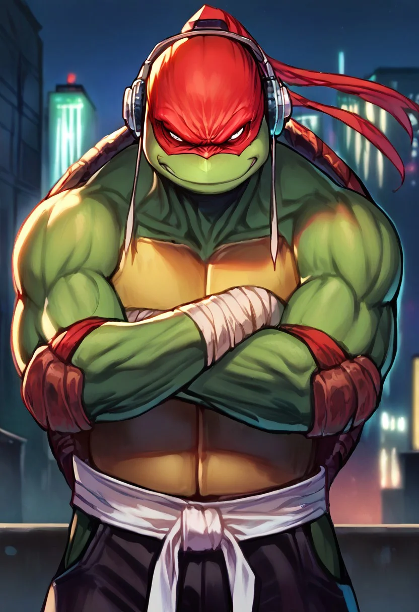 core_9, score_8_up, score_7_up, HC, ((solo focus:2.2)), ((1boy)), TMNTRaphael, wearing red bandana mask with eye-holes, a teenage mutant ninja turtle, red headphones, black pants, white karate belt, standing, smirk, crossed arms, looking at viewer, city lights and skyscrapers