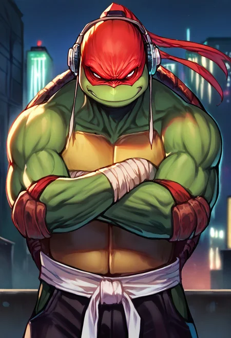 core_9, score_8_up, score_7_up, HC, ((solo focus:2.2)), ((1boy)), TMNTRaphael, wearing red bandana mask with eye-holes, a teenage mutant ninja turtle, red headphones, black pants, white karate belt, standing, smirk, crossed arms, looking at viewer, city lights and skyscrapers