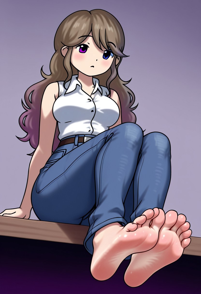 Alie, 1 girl, alone, long wavy brown hair with bangs with both strands on the sides, purple and blue eyes with heterochromia, white sleeveless button-down shirt, jeans with belt,
Sexy Feet, sexy soles