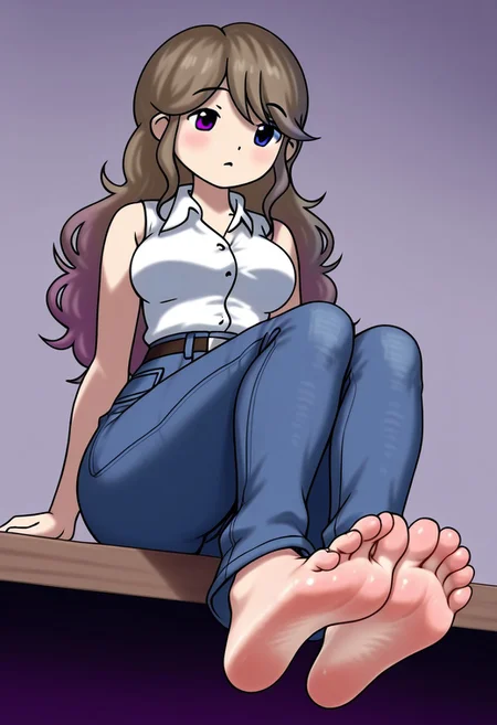 Alie, 1 girl, alone, long wavy brown hair with bangs with both strands on the sides, purple and blue eyes with heterochromia, white sleeveless button-down shirt, jeans with belt,
Sexy Feet, sexy soles