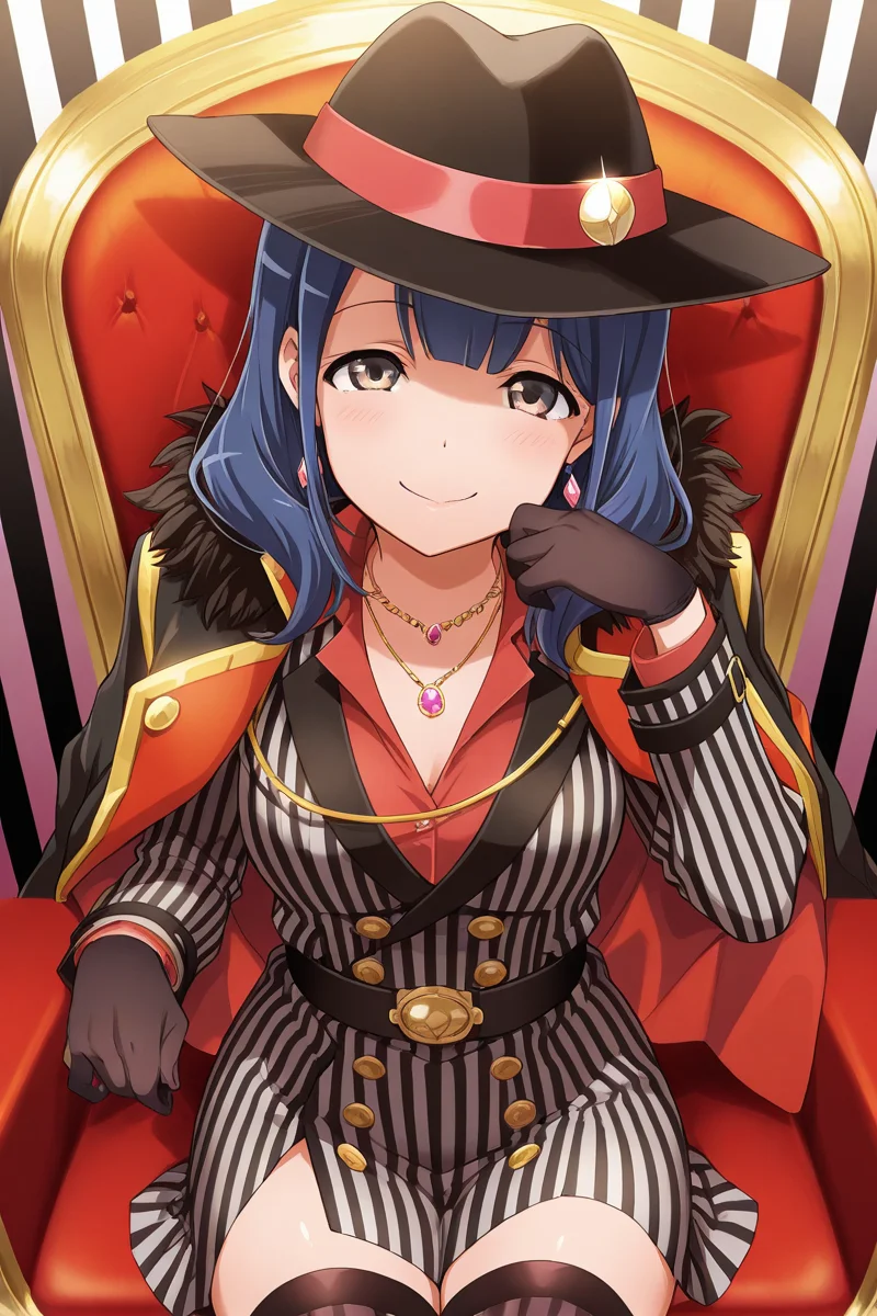 masterpiece, best quality, amazing quality,
 <lora:Kaoruko_IL:1> kaoruko, 1girl, hat, solo, gloves, blue hair, smile, jewelry, thighhighs, looking at viewer, striped, sitting, black gloves, necklace, vertical stripes, jacket